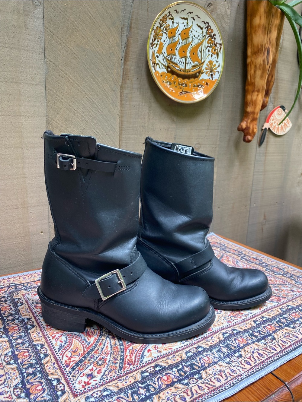 Frye Black Leather Engineer Boots with Buckle Detail